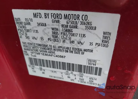 2010 Ford F-150 Stx/Xl/Xlt from USA, damaged, VIN 1FTMF1E80AFC43567